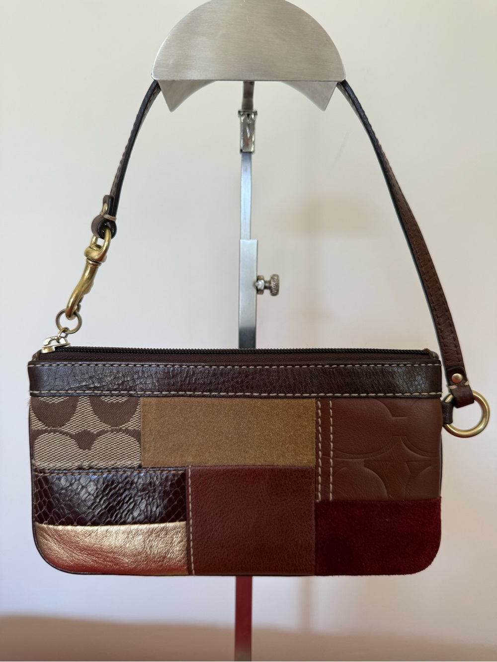 Coach Patchwork Leather and Suede Wristlet in Brown and Tan